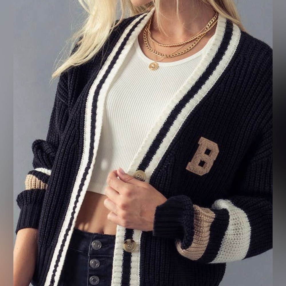 Letter Embroidered Sleeve Stripe Cardigan